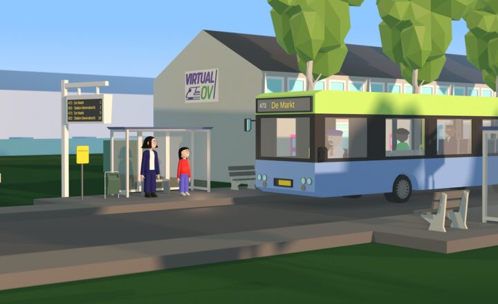 Screenshot uit de VR-game Virtual OV. De foto toont een virtuele halteplaats met wachtende passagiers en een naderende bus.