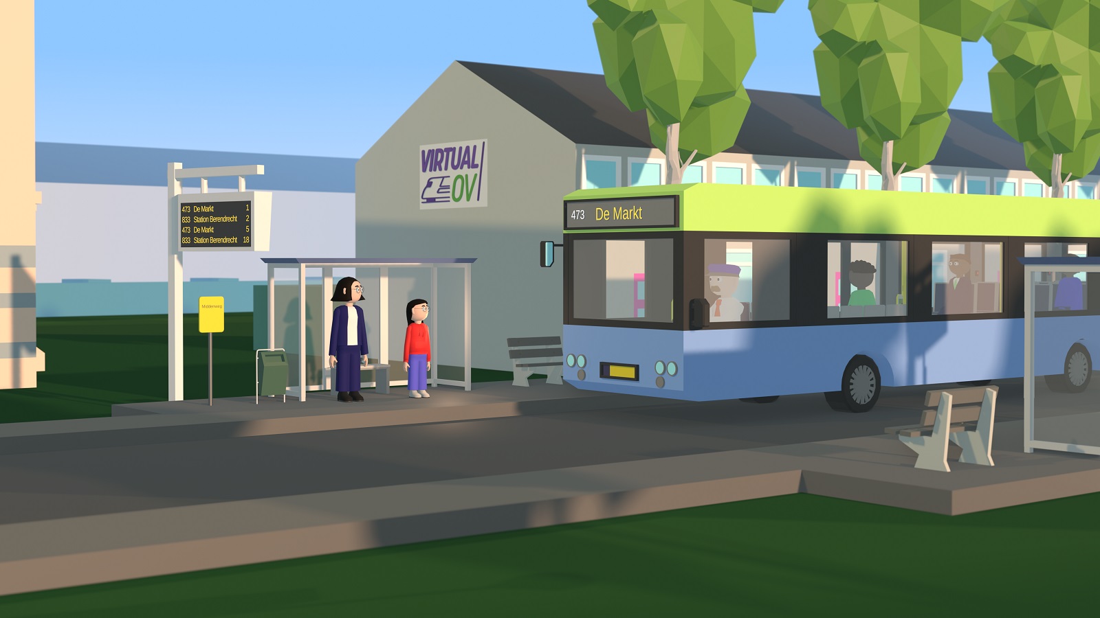 Screenshot uit de VR-game Virtual OV. De foto toont een virtuele halteplaats met wachtende passagiers en een naderende bus.